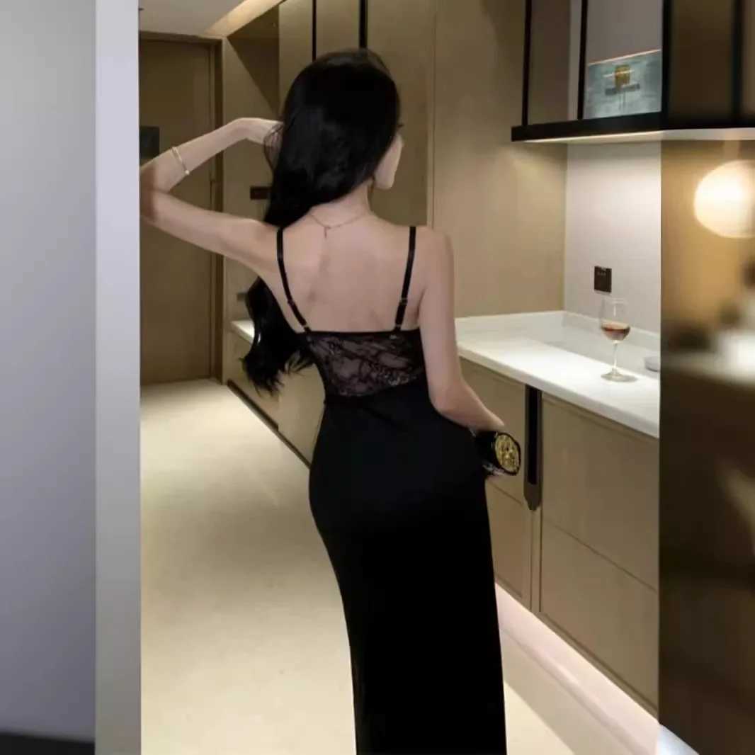 Black Lace Splice Sexy Open Split Bodycon Waist Cinched Evening Gown Dress with Chest Pad Strap Dress Women Polyester Fiber XJ250610