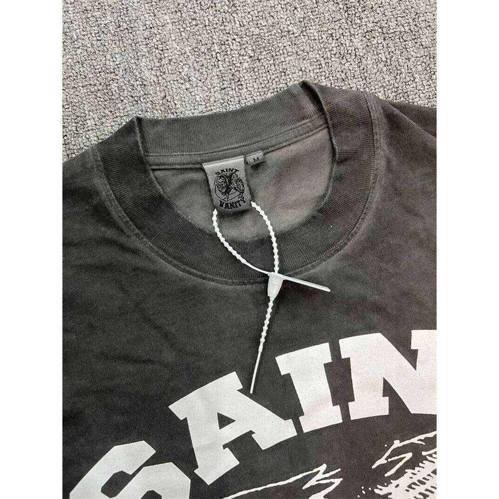 Vintage Washed Black Saint Printed Casual Men's T-Shirt Graphic T Shirts