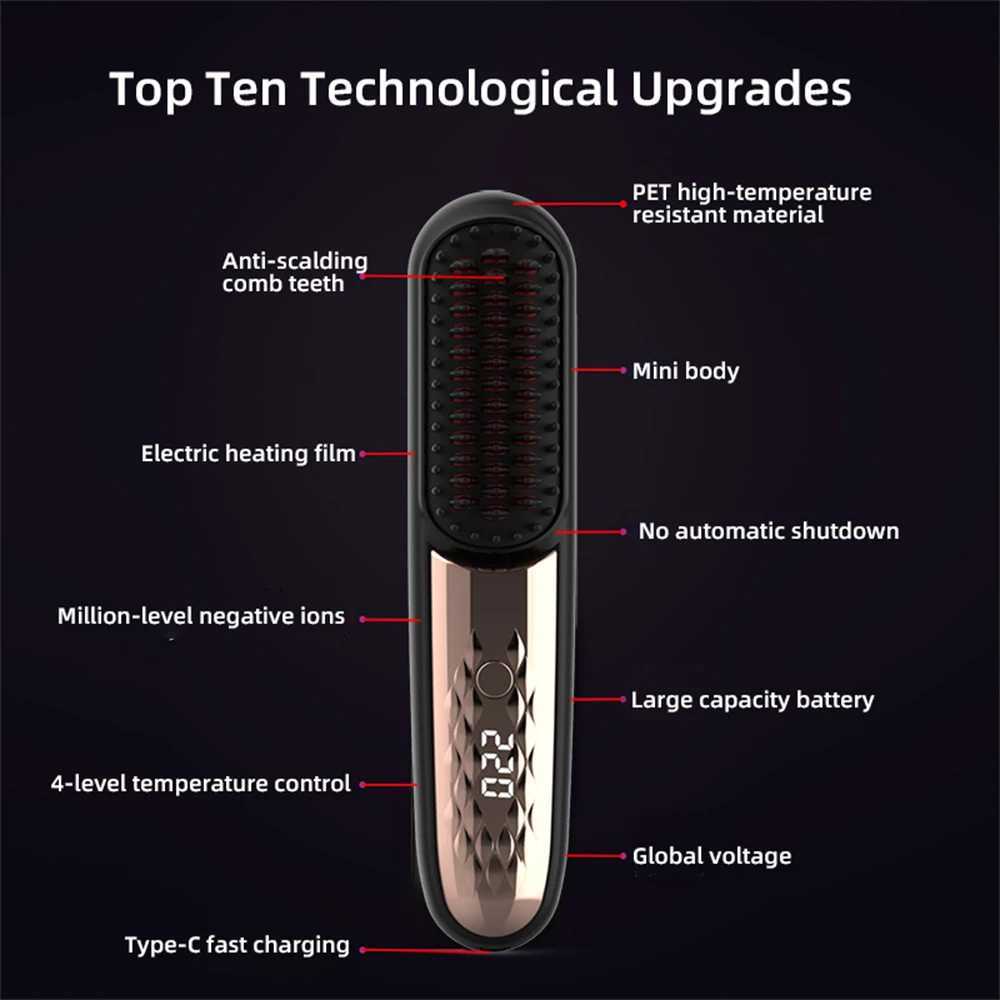 Electric Hair Straightener Comb with LCD Display USB Rechargeable 4 Adjustable Heating Wireless Hair Straightening Comb Styling Tool W250610