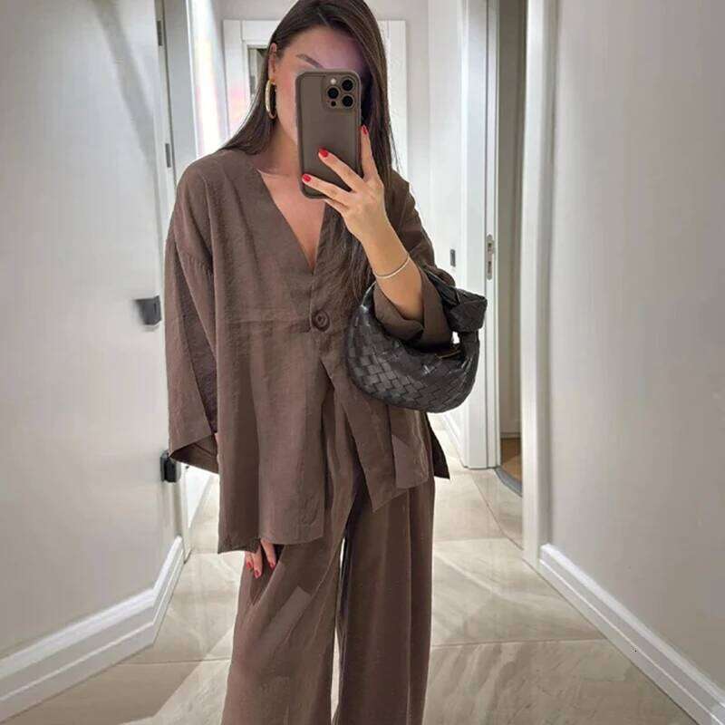 Casual Cotton Linen Pants Sets Women Loose V Neck One Button Shirt High Waist Wide Leg Pant Spring Summer Lady Suit