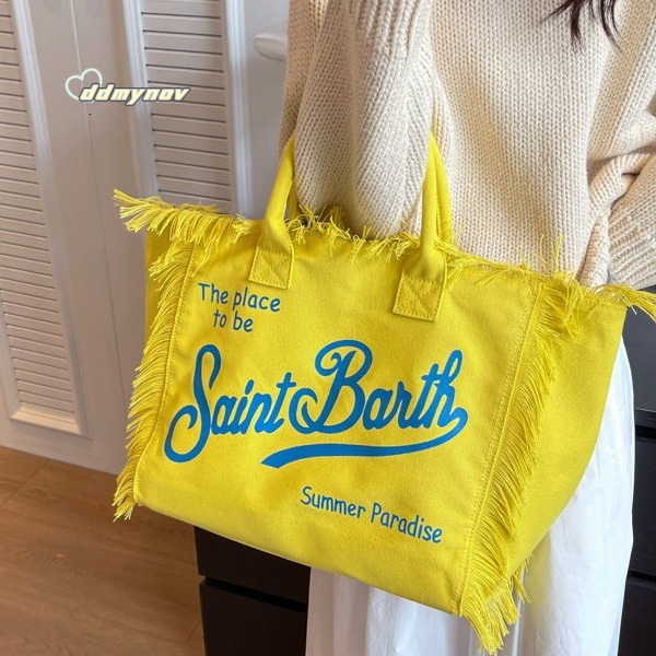 Large Capacity Tote with Letter Tassel Canvas Simple Commuter Student Shoulder Bag ddmynov