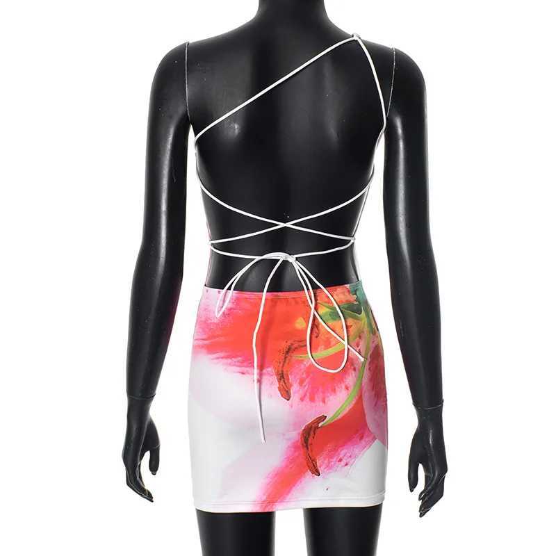 One Shoulder Sexy Party Club Y2K Mini Dress Outfits Women Floral Print Summer Bandage Backless Sleeveless Beach Dresses Sundress XJ250610