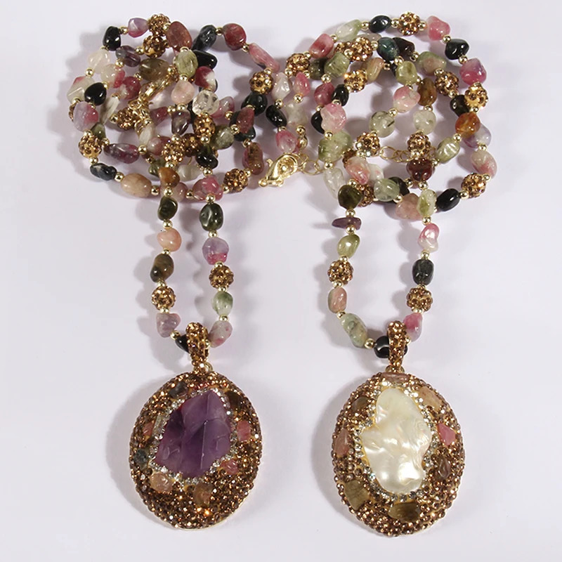 Fashion Bohemian Jewelry Accessory Multicolor Tourmaline stone and Crystal Baroque Pearl Pendant Necklaces For Women 250604