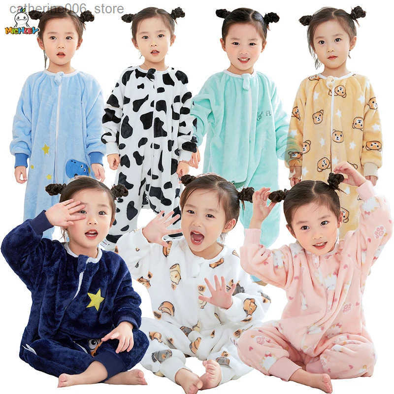 MICHLEY Blue Dinosaur Flannel Baby Kid Sleeping Bag Winter Sleepwear Cute Cartoon Bodysuit Sleepsack Pajamas With Feet Boys Girl y250610PDCN