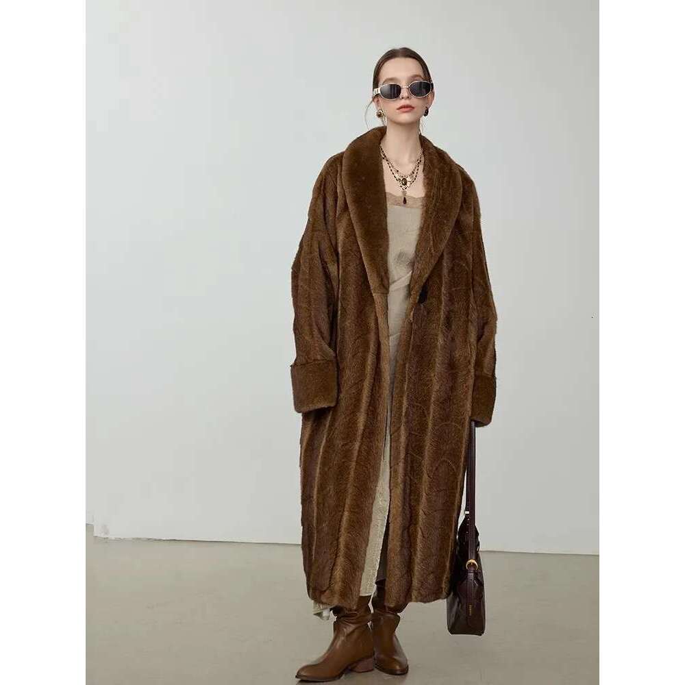 Lautaro Autumn Winter Long Vintage Elegant Chic Thick Warm Soft Brown Fluffy Faux Mink Fur Coat Women Shawl Collar 2025