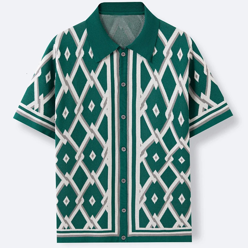 Mens Knitted Jacquard Business Polo Shirt Fashion Short Sleeve Buttondown Cardigan Vintage Leisure Knitwear Summer 250610