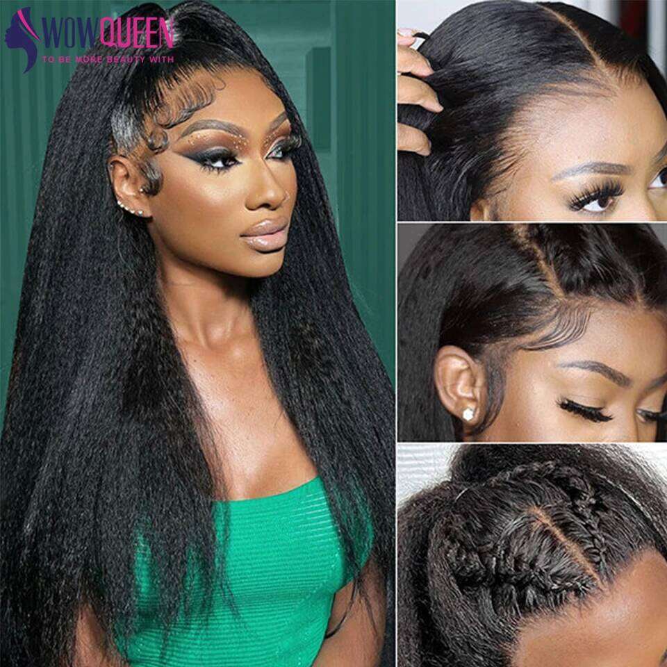 Glueless Ready To Wear Yaki Lace Front Kinky Straight Human Hair Wigs 180 Density 4x4 Closure Wig