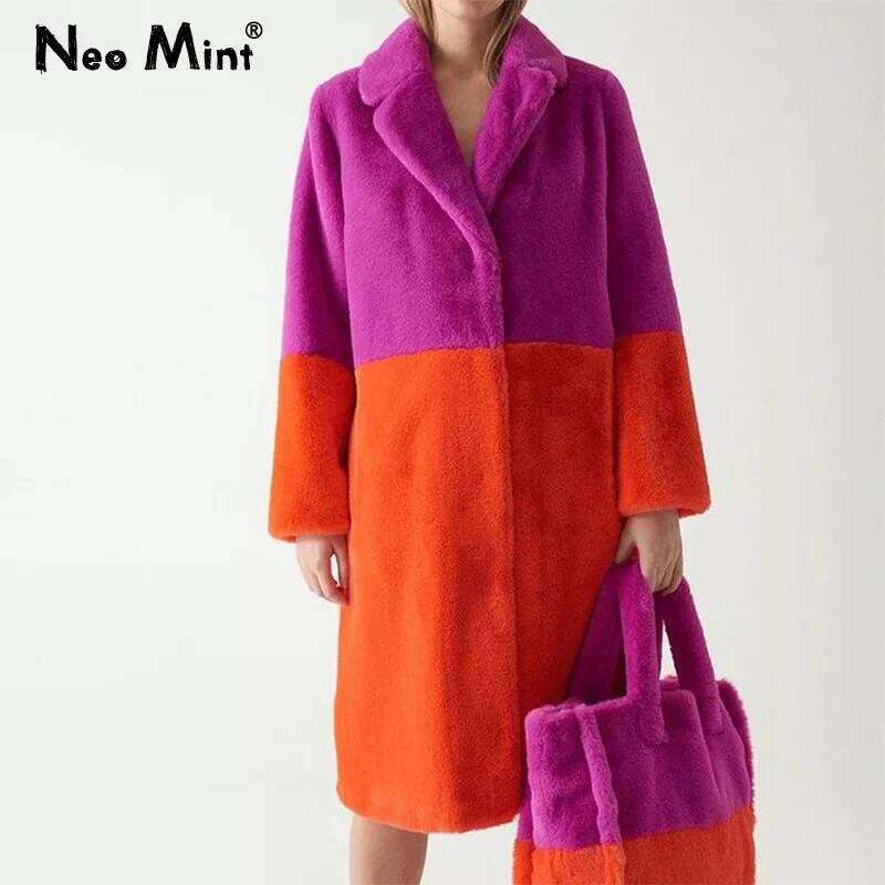 Mixed Color Patchwork Faux Mink Fur Winter Coat Women Jacket Fluffy Lapel Collar Brand 2024 Elegant Ladies Long Overcoats