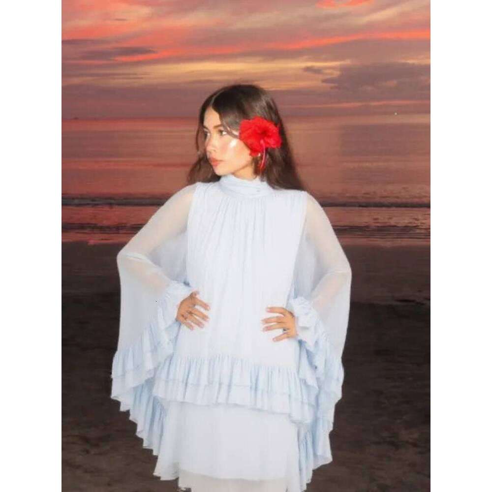 Layered Ruffled Women Shirt Dress Sunscreen Cover High Neck Pleated Beach Irregular Shawl Blouse Top Mesh Fashion Chiffon Shirts