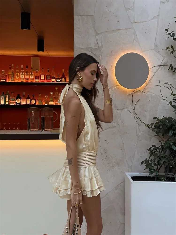 Halter Ruffle Mini Dress Women Sexy Sleeveless Backless Lace Up Party Dresses 2025 Summer Beach Fashion Vacation Lady Short Robe XJ250610