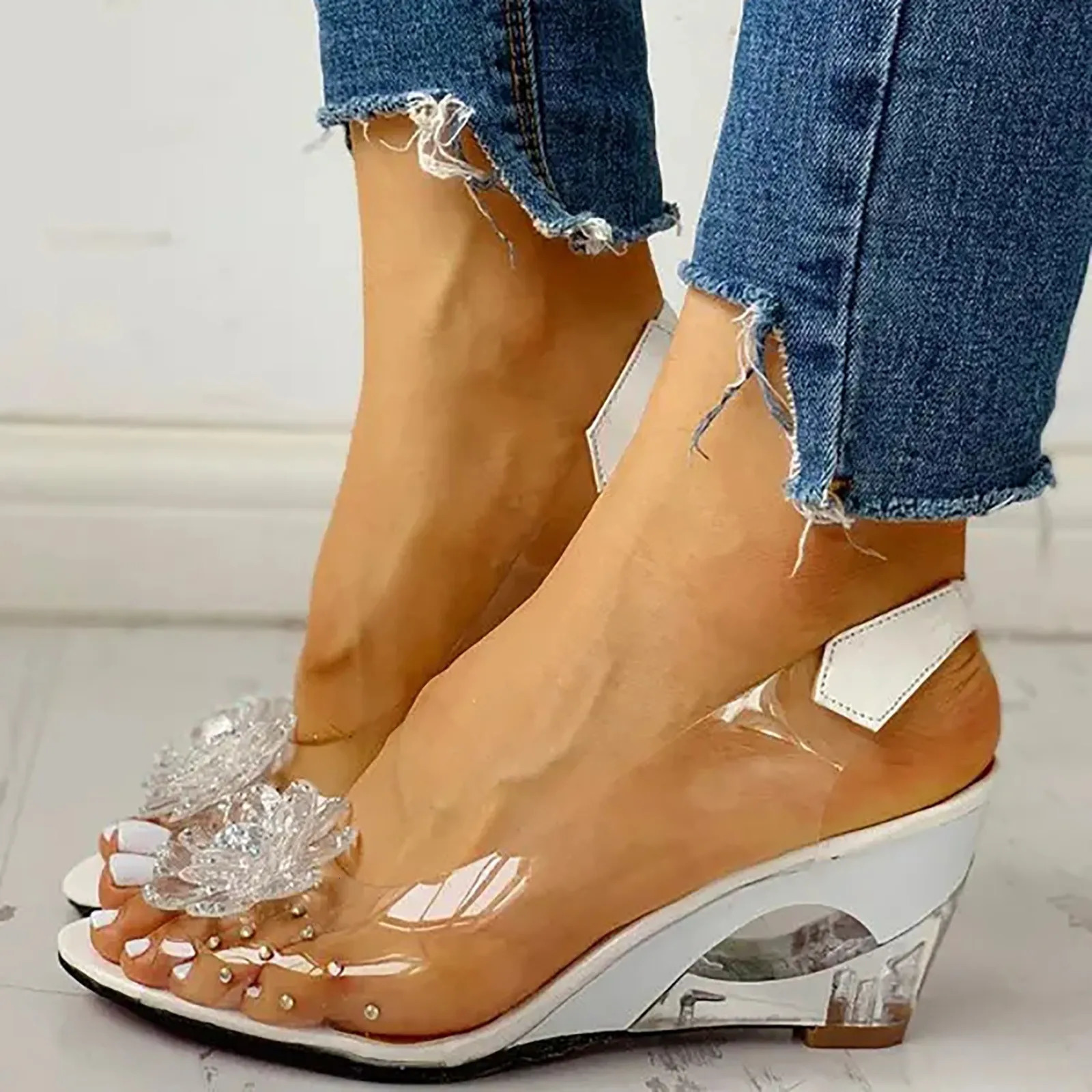 Female Shoes Leisure Transparent Crystal High Heels Diamond Slope Heel Sandals Girl Fish Mouth Shoes Womens Dressy Sandals 250610