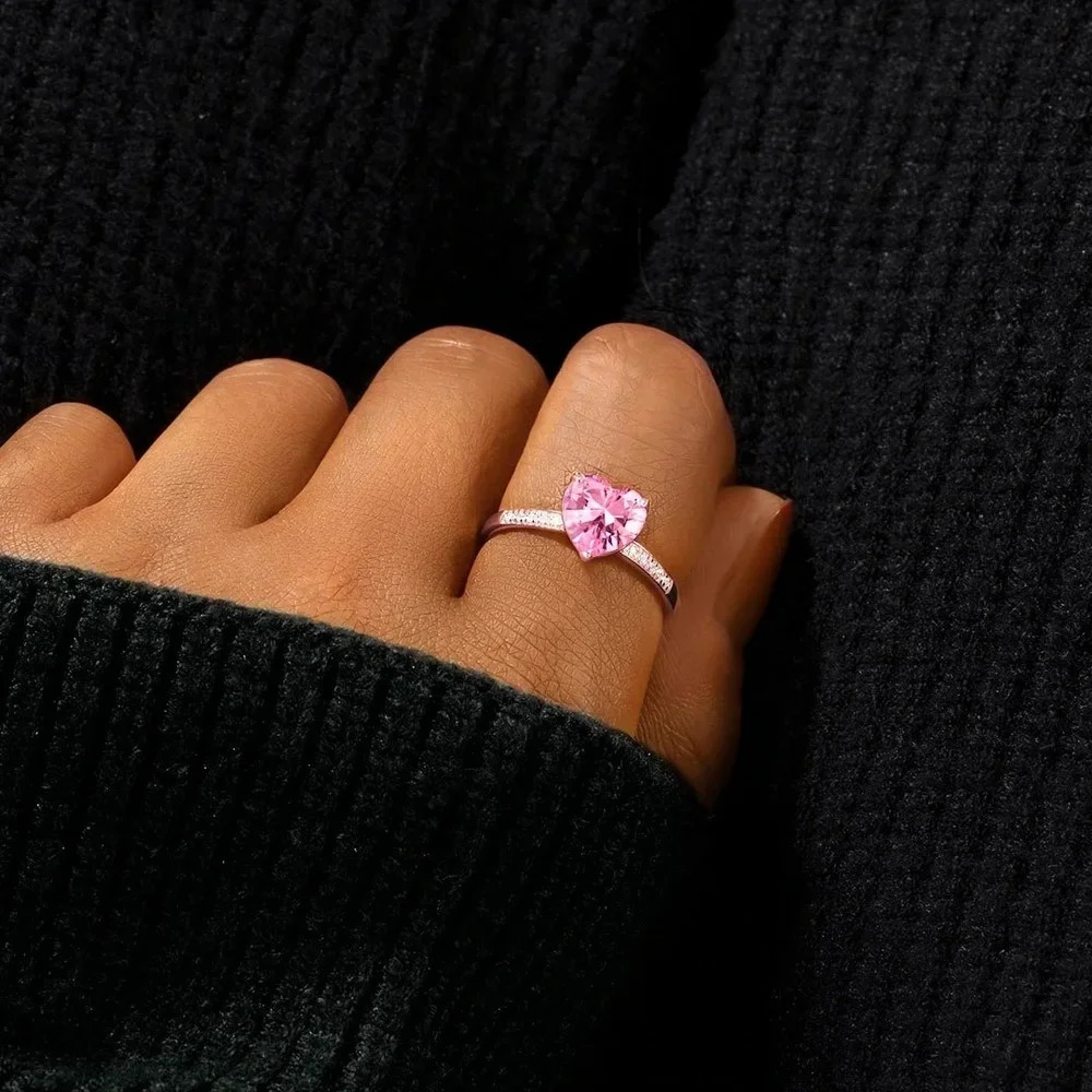 Trumium 925 Sterling Silver Solitaire Women Heart Engagement Rings Pink Cubic Zirconia Proposal Rings For Girlfriend Gift 250610