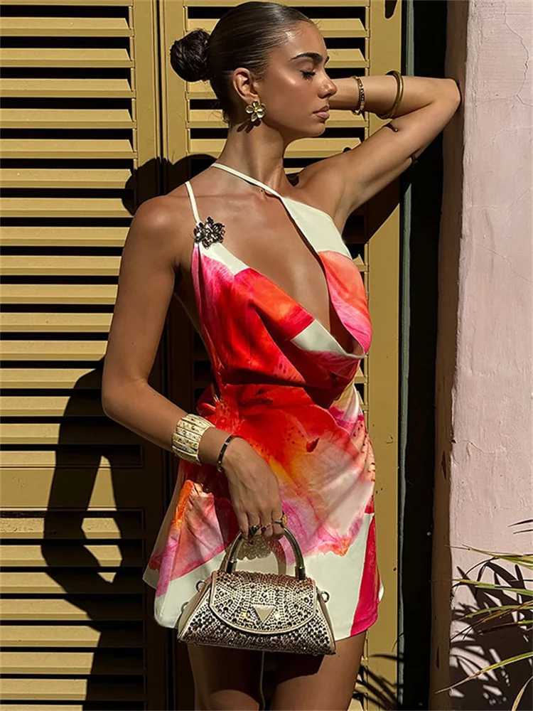 Tossy One-Shoulder V-Neck Summer Mini Dress For Women Printed Contrast Slim Spaghetti Sexy Dress Female Backless Party Dress New XJ250610