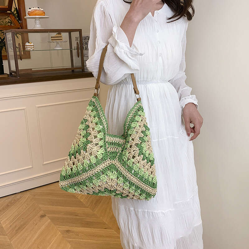 Straw Beach Tote Trendy Large Capacity Versatile Fashion Paper Rope Woven Vacation Commuter Belt Underarm Shoulder Bag Straw Large Tote