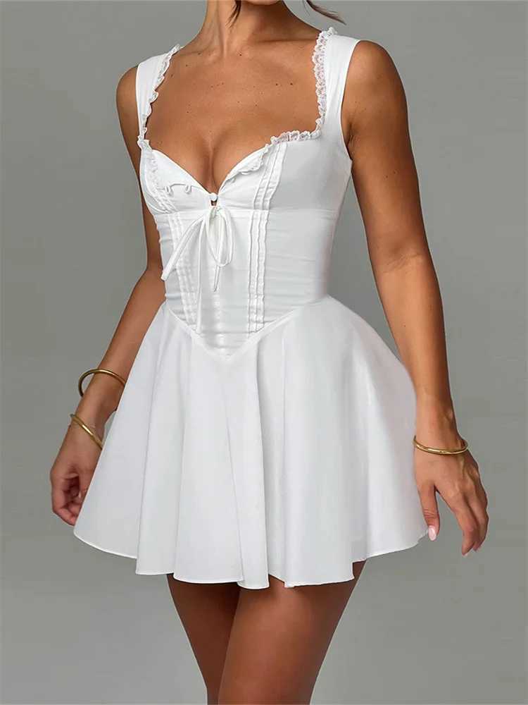 CHRONSTYLE Elegant Women Short Mini A-Line Dress Deep V Neck Backless Ruffles Hem Sleeveless Dress for Party Club Dresses 2024 XJ250610
