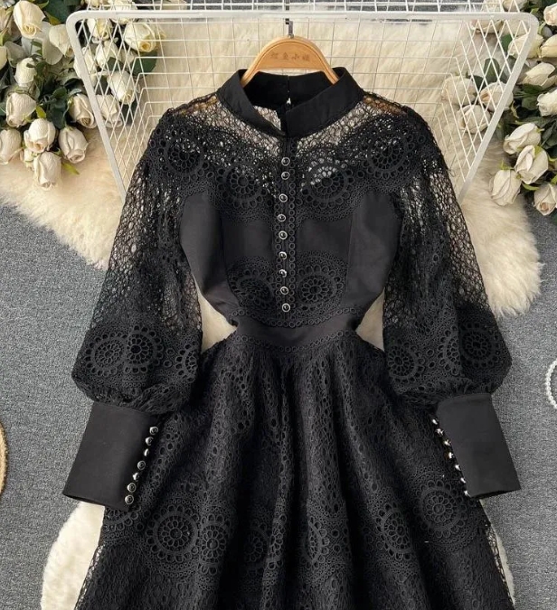 Summer Womens Casual Dresses Vintage Flower Embroidery Hollow Out Lace White Dress Womens Stand Collar Long Lantern Sleeve Pearls Buttons Party Vestid