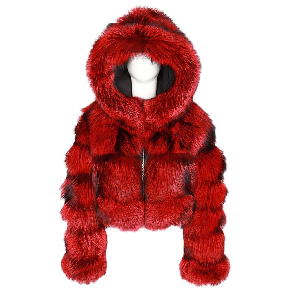 Short With Hood, Faux Fox Fur Long Sleeve Patchwork Women's Coat