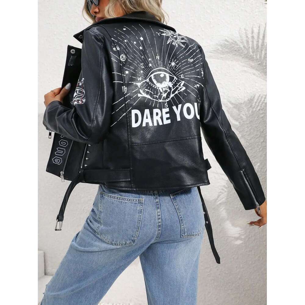 Fitaylor Women Faux PU Jacket Casual Lady Lapel Zipper Graffiti Print Leather Coat Moto Bike Rivet Outwear
