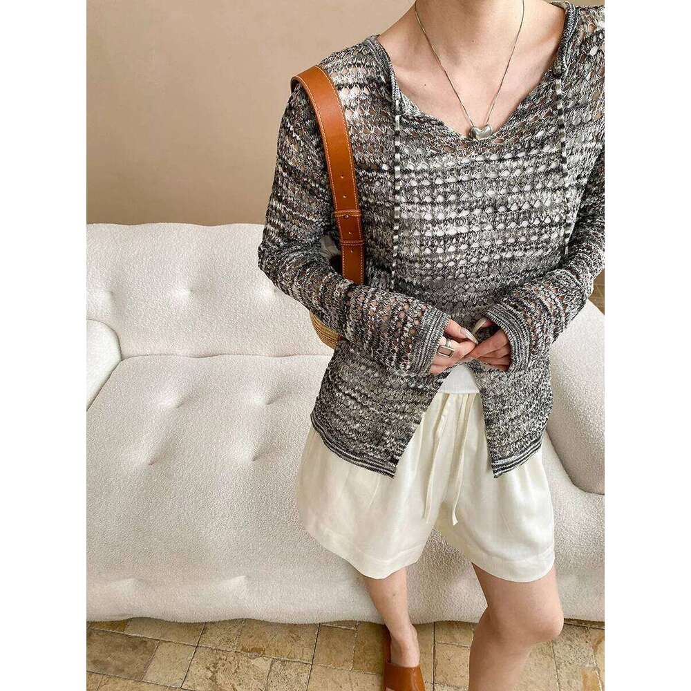 Curved Bead Ice Silk Hollow Out Split Knit Sunscreen Cover-Up Tops