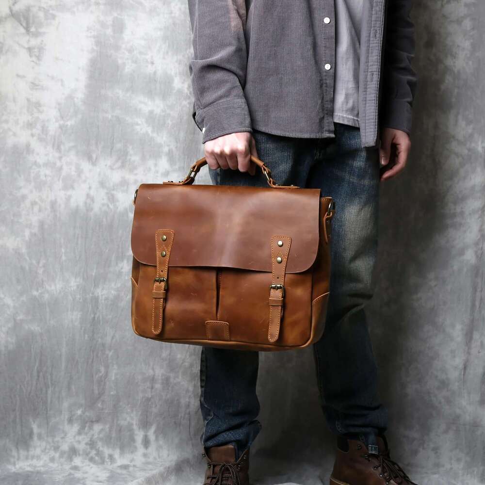 British Retro Crazy Horse Handbag Men's Messenger Bag Large-Capacity Postman Computer Baotou Leather Briefcase