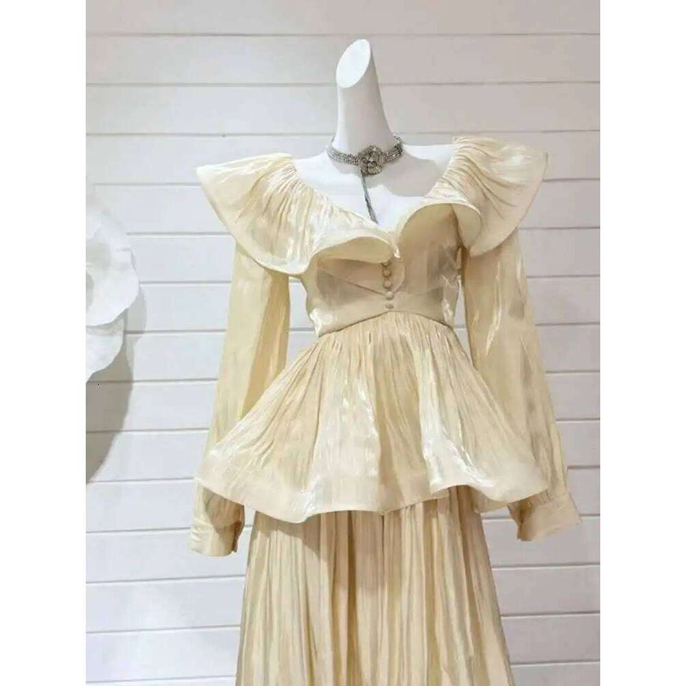 IEQJ Solid Ruffles Women's 2 Piece Sets V Neck Long Sleeve Shirt High Waist Skirts Loose Elegant Set Autumn 2025 New 3Wm2030