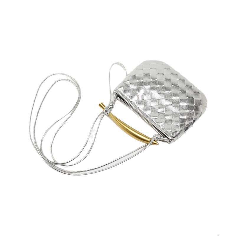 2025 New Silver Sardine Handwoven High-Quality Metal Handle Soft Leather Shoulder Crossbody Bag