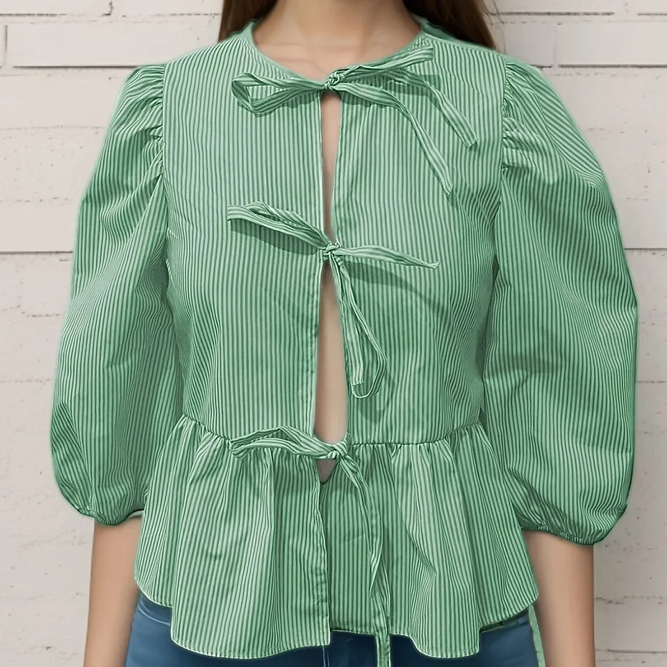 Summer Blouses For Women Dressy Casual Women Puff Short Sleeve Peplum Shirts Tie Front Ruffle Hem Blouse Blusa Elegante Feminina 250610