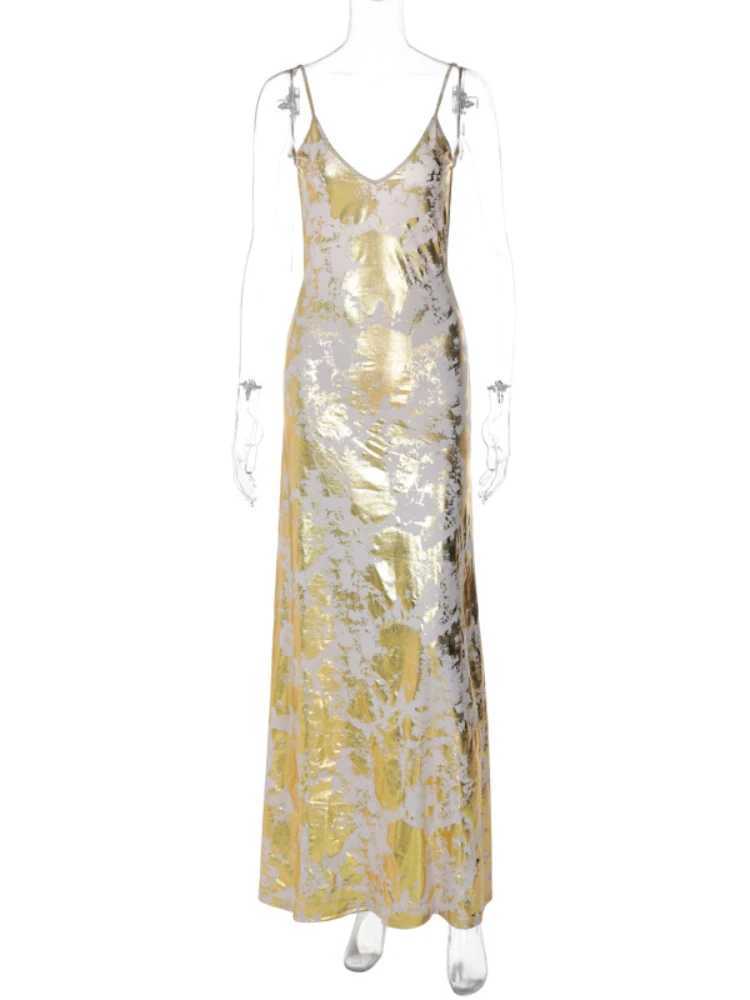 Sexy Spaghetti Strap V Neck Gold Stamping Bodycon Maxi Dress Women Backless Sleeveless Long Dress Evening Club Party VestidosXJ250610
