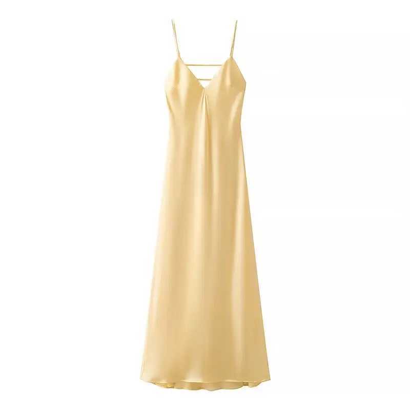 Women Solid Satin Sexy Long Dress V Neck Elegant Yellow Bodycon Backless Spaghetti Strap Dresses Lady 2025 Vocation Party Gowns XJ250610