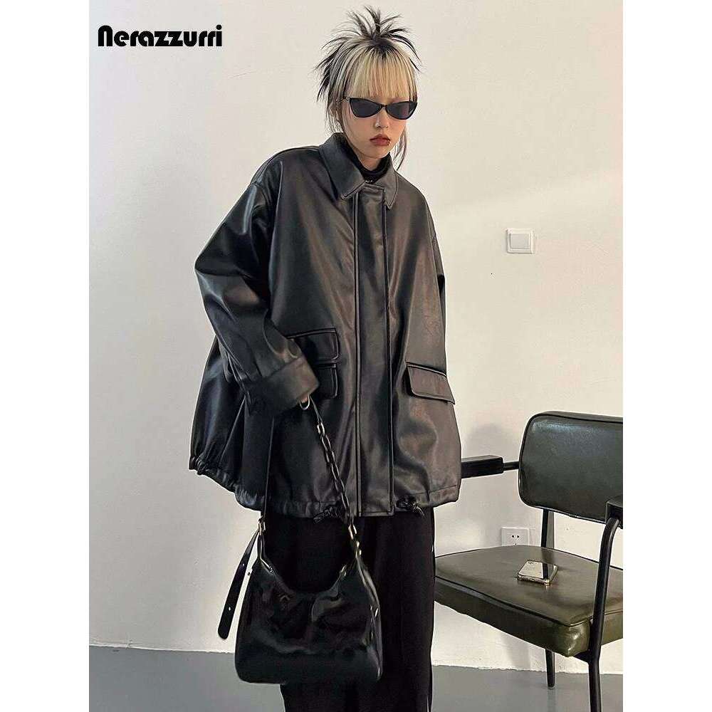 Nerazzurri Spring Autumn Black Oversized Faux Jackets for Women Zippper Loose Cool Casual Soft Pu Leather Jacket 2023