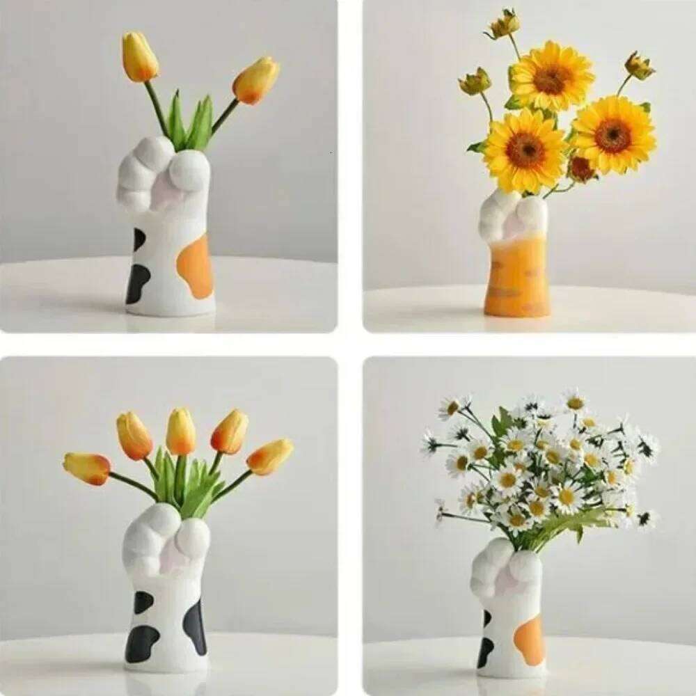 Claw Resin Craft Flower Pot Modern Desktop Cat Paw Ornaments Home Decoration Multifunction Simple Creative Cartoon Vase