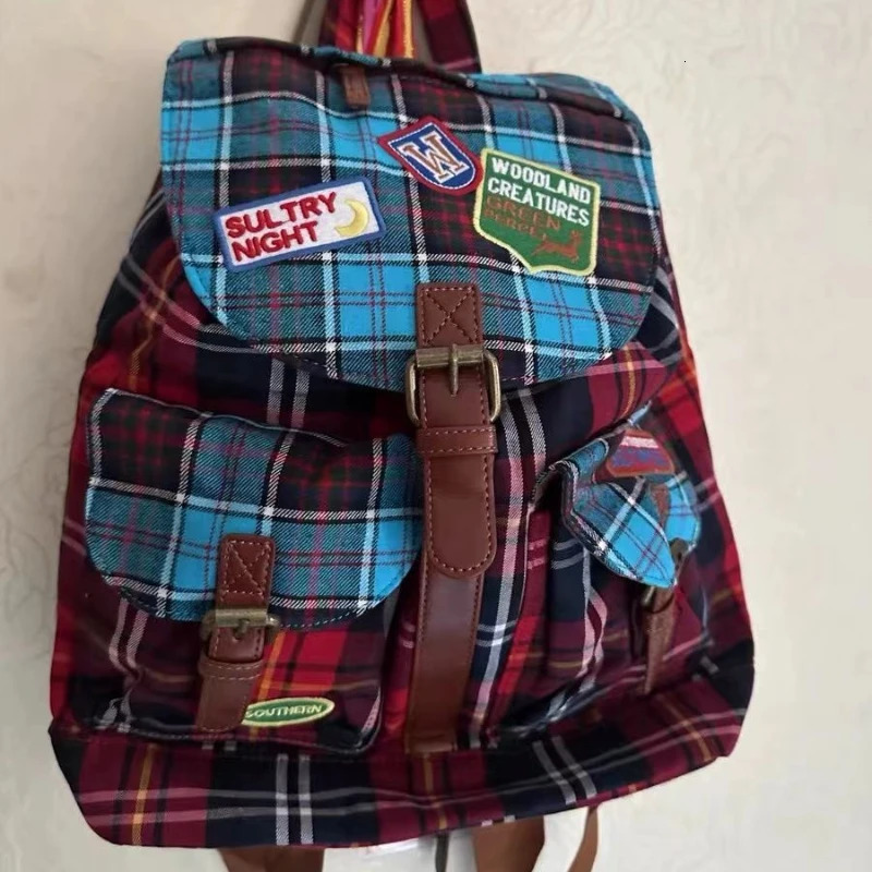 Vintage Plaid Casual Contrast Color Backpacks Preppy Streetwear Fashion Womens Bags Y2k Students Retro Ins All Match Schoolbags 250606