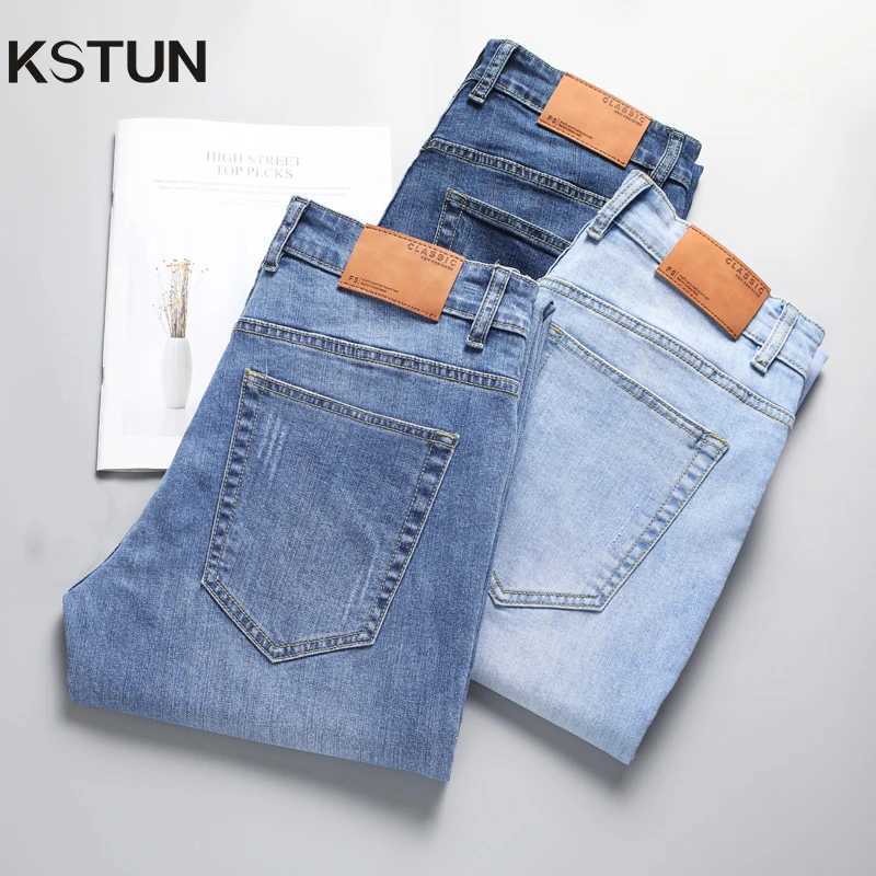 KSTUN Slim Straight Jeans Men Denim Pants Casual Regular Fitness Mens Trousers Light Blue 2025 Summer Mens Clothing Cowboys M250610