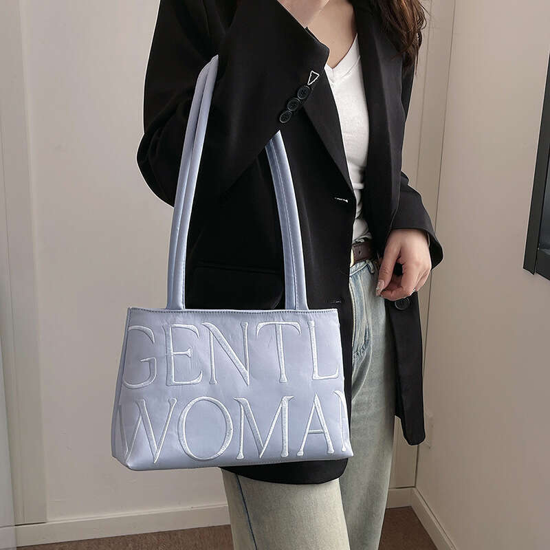New 2025 Niche Design Satin Letter Embroidery Fashion Versatile Shoulder Handbag Underarm Bag