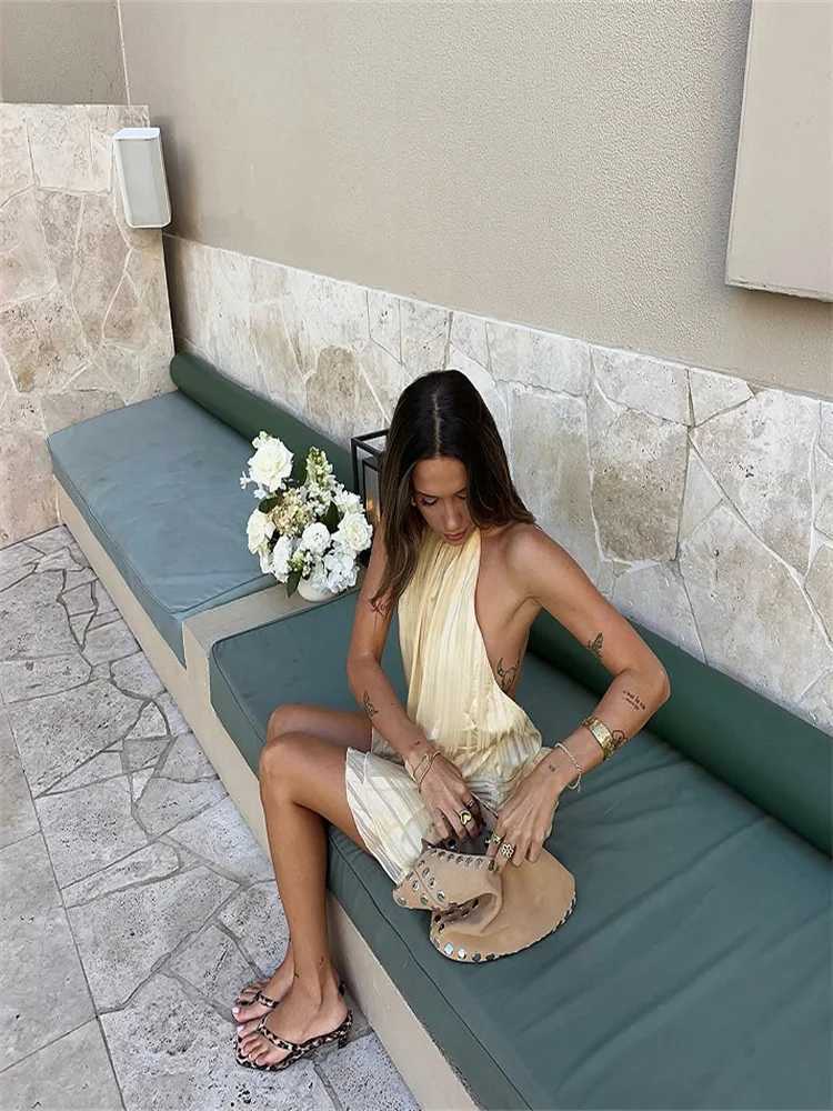 Halter Ruffle Mini Dress Women Sexy Sleeveless Backless Lace Up Party Dresses 2025 Summer Beach Fashion Vacation Lady Short Robe XJ250610