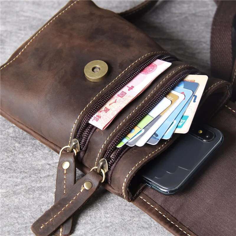 High quality simple crazy horse cowhide men's messenger casual vintage genuine leather small shoulder phone belt bag
