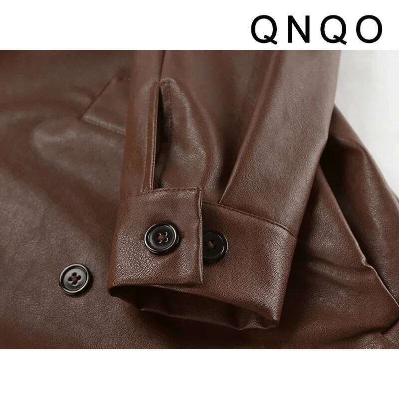 QNQO Faux Leather Jackets for Women Vintage Turn-down Collar Double-Breasted Coat Autumn Winter Fashion Female Loose Outerwear