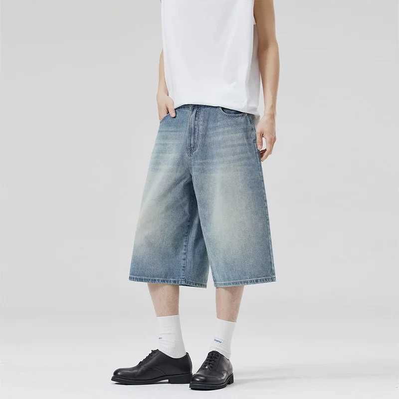 2025 Summer American Lightning Crack Denim Cropped Pants Mens Straight Loose Wide-leg Shorts Street Baggy Casual Pants M250610