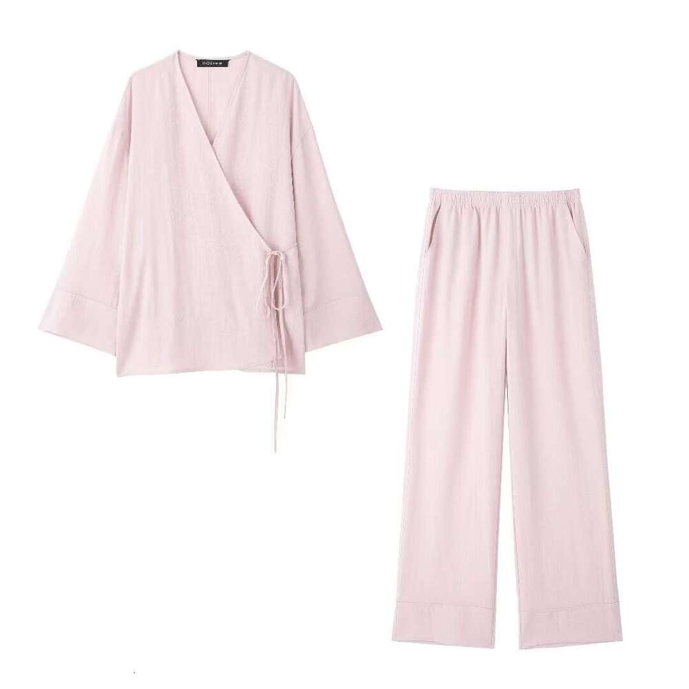 Wind Texture Double Collar Kimono Outerwear27743textured Pajama Style Pants27431set B5