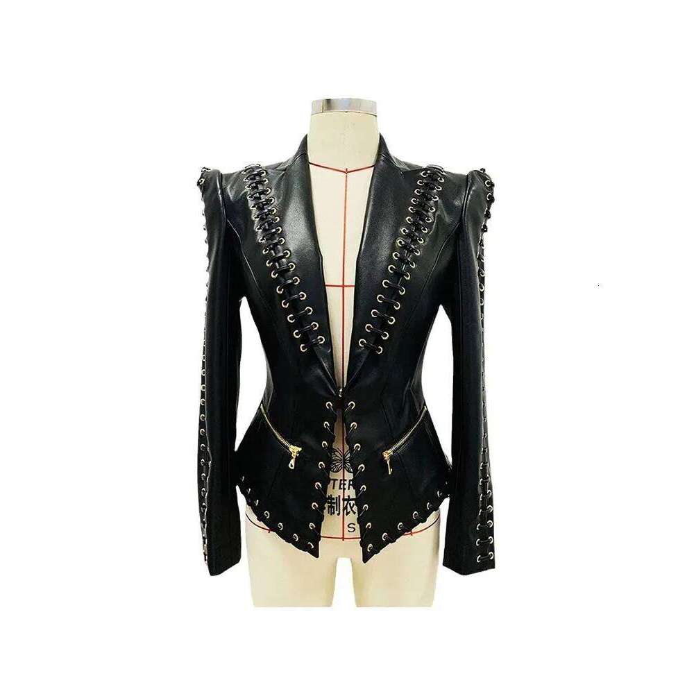 Lautaro Spring Autumn Short Black Fitted Pu Leather Blazer Jacket Women Long Sleeve Elegant Designer Lace Up Clothes