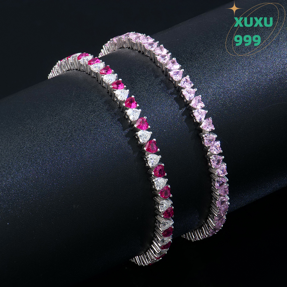 925 Sterling Silver Womens Tennis Chain Bracelet 3mm With Heart Diamonds Pink Vvs Featuring Zircon Moissanite OACOCA