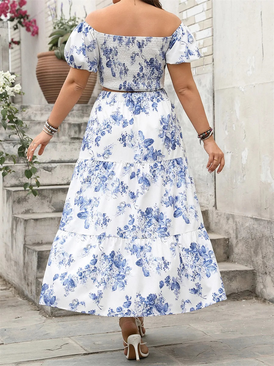 Elegant Plus Size Outfit Floral Print V-Neck Top with Short Sleeves and Elastic Waist Long Skirt - 2 Piece Set for Women 250609