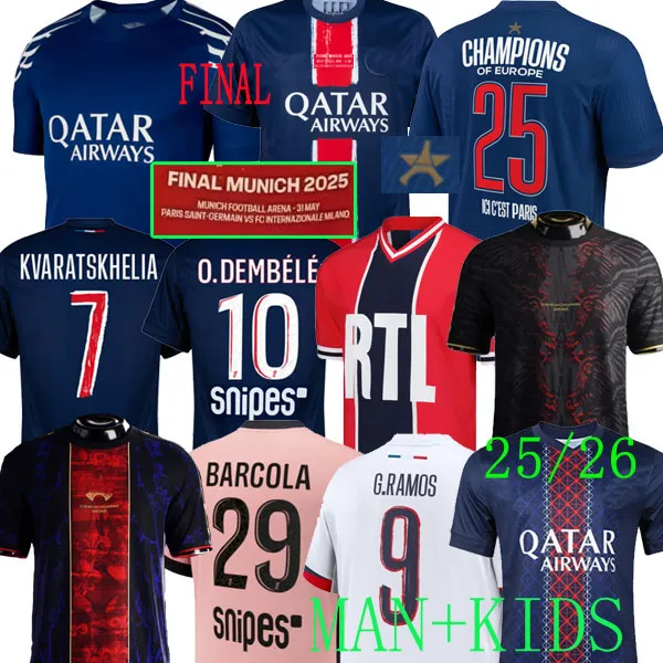 25 26 DEMBELE Soccer Jerseys Kvaratskhelia Maillot 4th MBAPPE HAKIMI 2024 2025 2026 enfants football shirts Equipment VITINHA BARCOLA PARIS Men Kids Kits