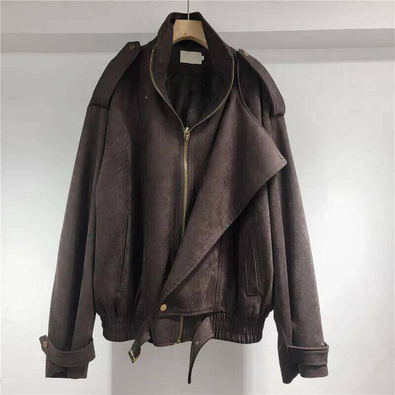 WTHT Fashion Trendy Women's Suede Fabric Long Sleeves Jacket 2025 Spring New Stand Collar Zipper Coat Female 1LS1076