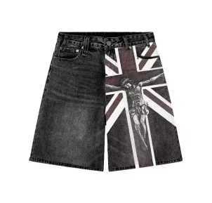 Retro British style zipper printed denim shorts hip-hop fashion mens Y2K summer loose casual couple sports punk Harajuku shorts W250610