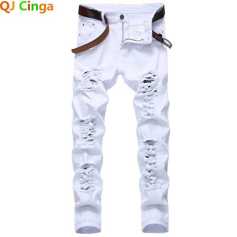 Straight Hole Destruction Trousers Distressed Jeans Men Denim Trousers Fashion Designer Brand White Pants Male Large Size 28-42 M250610