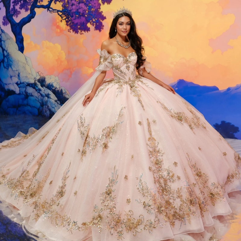 Pink Shiny Quinceanera Dresses Ball Gown Off The Shoulder Applique Lace Bow Beads Tull With Cape Sweet 16 Dress Vestidos 15 De Anos