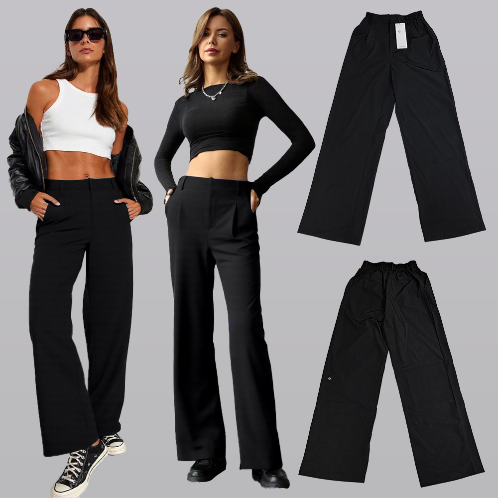 Women's Black Wide-Leg Trousers with Elastic Waist - Fall Flowing Straight Leg Pants