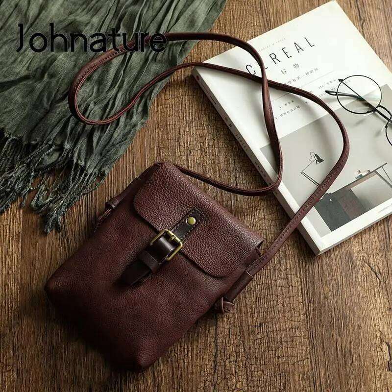 Johnature 2025 New Simple Genuine Leather Women Retro Solid Color Natural Cowhide Mini Phone Bag Leisure Small Shoulder Bags