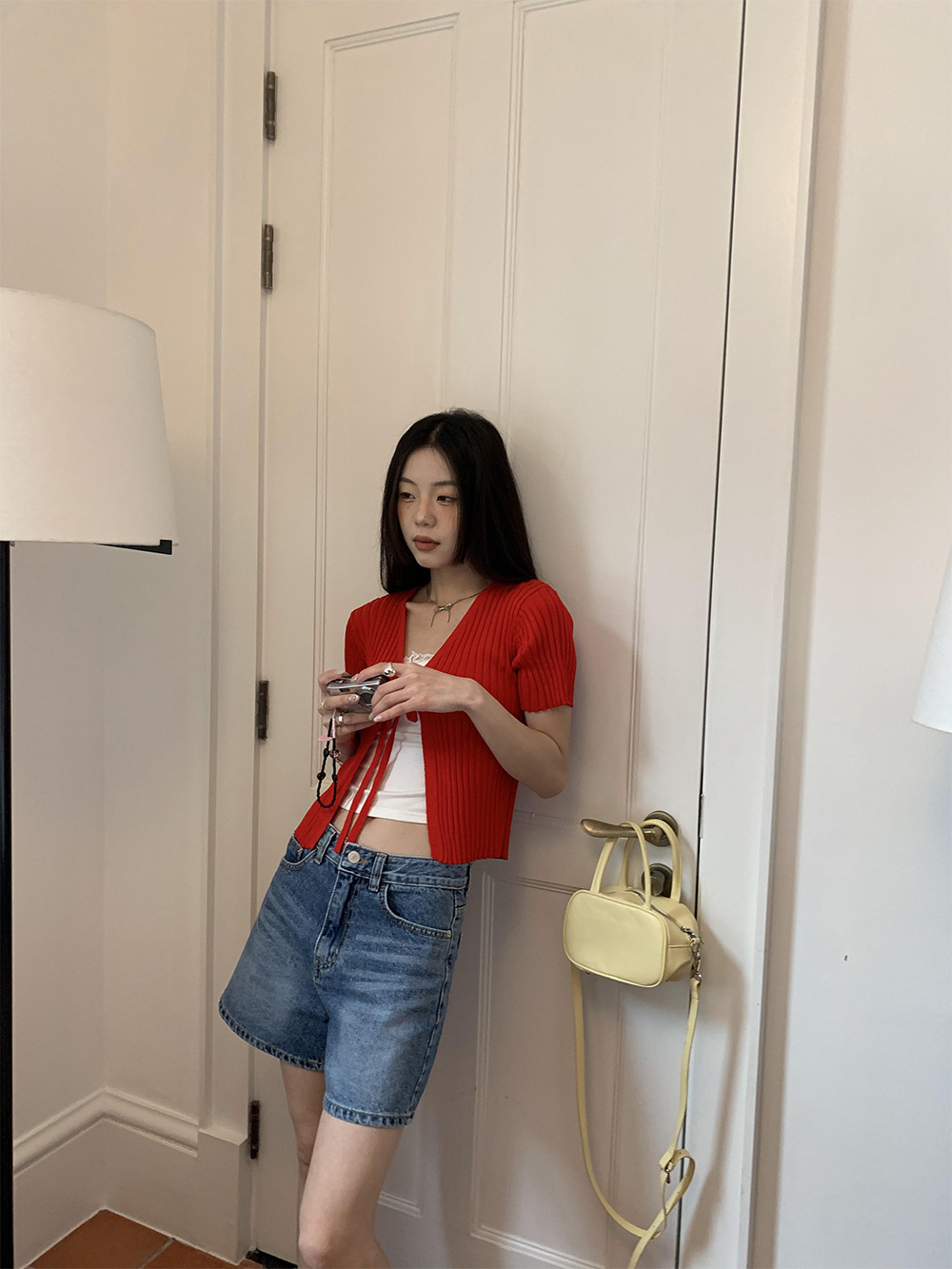 GC191 Summer Lace-up Sweater Women French Short Sleeve Cardigan Stretch Top Women